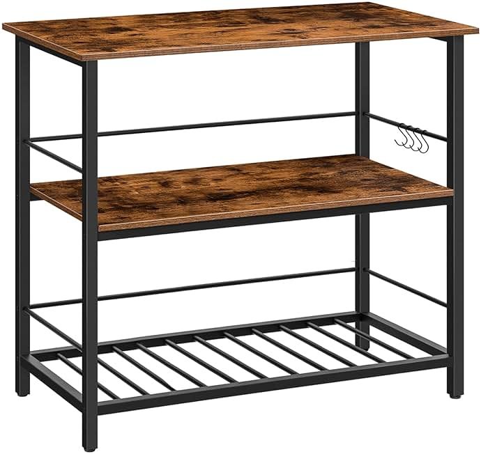 HOOBRO Kitchen Island with Wine Rack, Industrial Island Counter with Hooks and Protective Rails, 3 Tier Kitchen Shelf with Large Workstation, Easy Assembly, Rustic Brown BF02ZD01 - Product Image