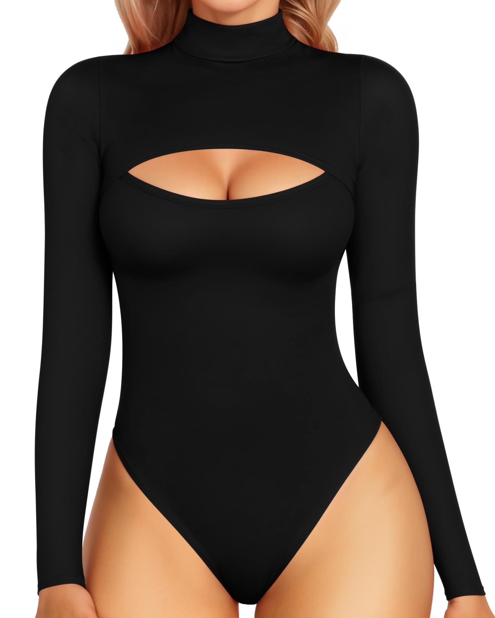MANGOPOP Women's Mock Neck Cutout Front Bodysuit Long Sleeve Sleeveless Turtle Neck Body Suits Sexy Tops - Product Image