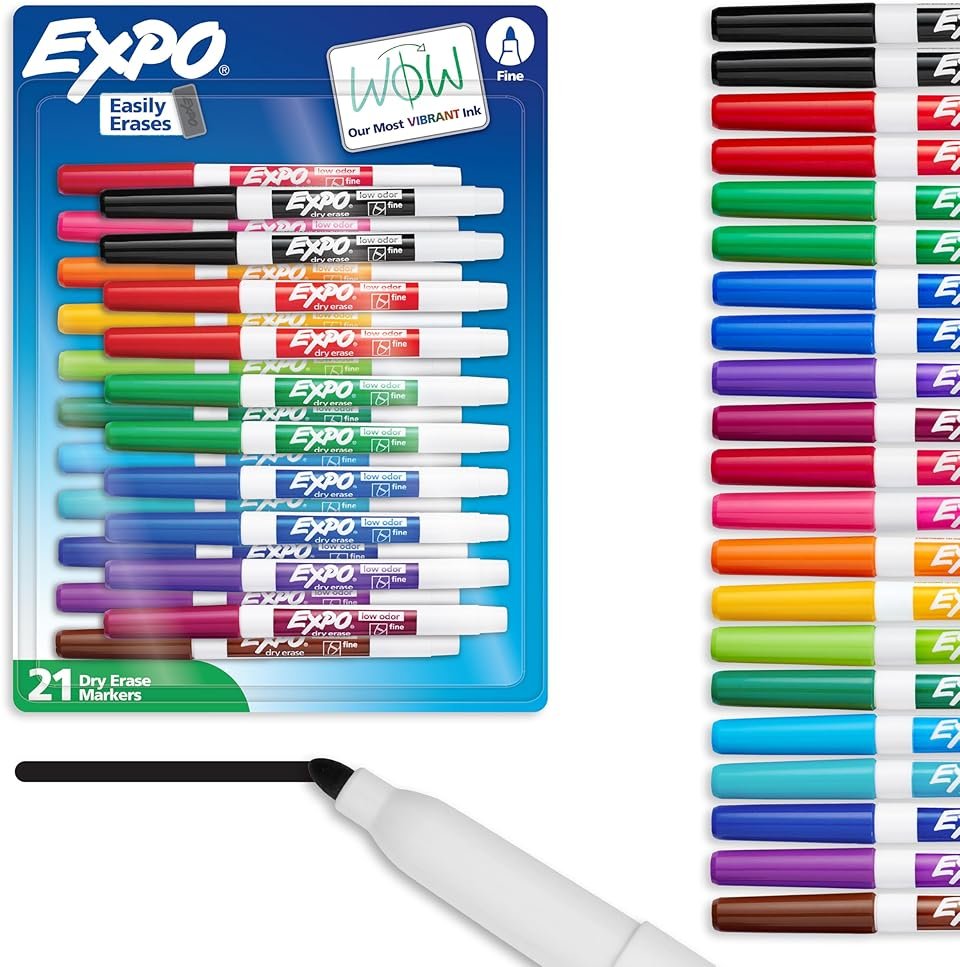 EXPO Dry Erase Markers, Low Odor Ink, Assorted Colors, Fine Tip, 21 Count - Whiteboard, Essential Supplies for Office, School, Classroom, Teachers - Product Image