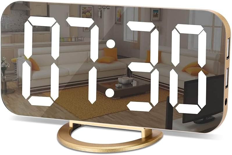 SZELAM Digital Alarm Clock,LED and Mirror Desk Clock Large Display,with Dual USB Charger Ports,3 Levels Brightness,12/24H,Modern Electronic Clock for Bedroom Home Living Room Office - Gold - Product Image