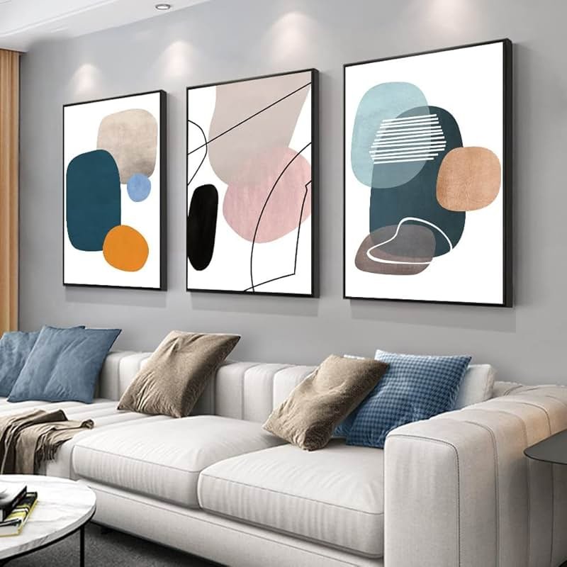 MPLONG Wall Art 3 Pieces Of Framed Decorative Paintings Abstract Simple Orange White Blue And Other Color Blocks Wall Art Canvas Prints Wall Decor Gifts Size 16" x 24" x 3 Panels - Product Image