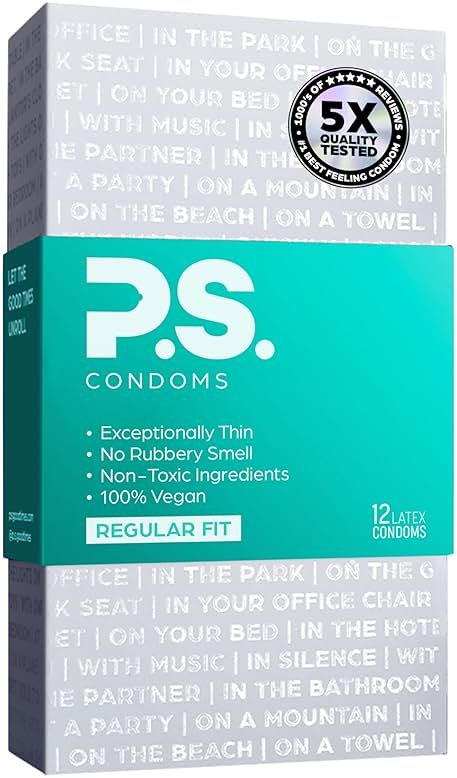 PS Condoms Exceptionally Thin Latex Condoms for Men - Odorless and 100% Vegan - Ultra Thin Lubricated Condom - 40% Thinner and Transparent - 12 Pack - Product Image