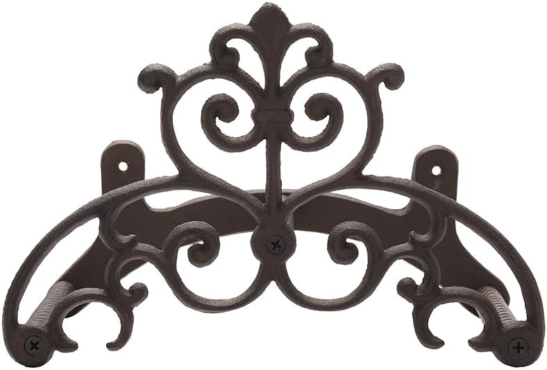 MyGift Brown Heavy Duty Cast Iron Outdoor Garden Hose Hanger Wall Mounted Water Hose Holder Reel with Vintage Scrollwork Design - Product Image