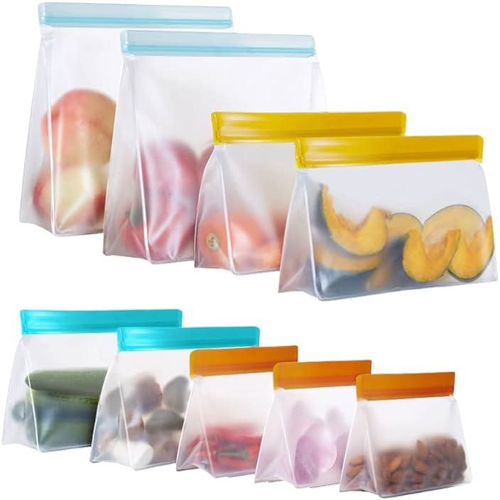Reusable Food Storage Bags Stand Up, 9 Pack Leakproof Freezer Bags, BPA Free Gallon Bags, Reusable Plastic Snack Bags, Lunch Sandwich Bags for Home & Travel - Product Image