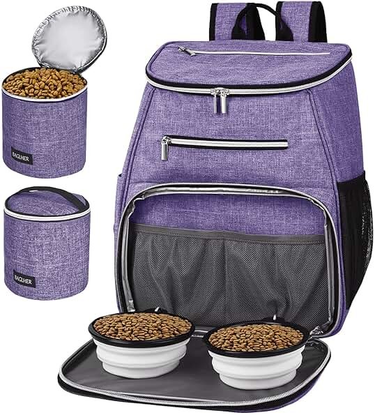 BAGLHER丨Dog Travel Bag Backpack, Airline Approved Pet Supplies Backpack, Dog Travel Bag with 2 Silicone Collapsible Bowls and 2 Food Baskets Purple - Product Image