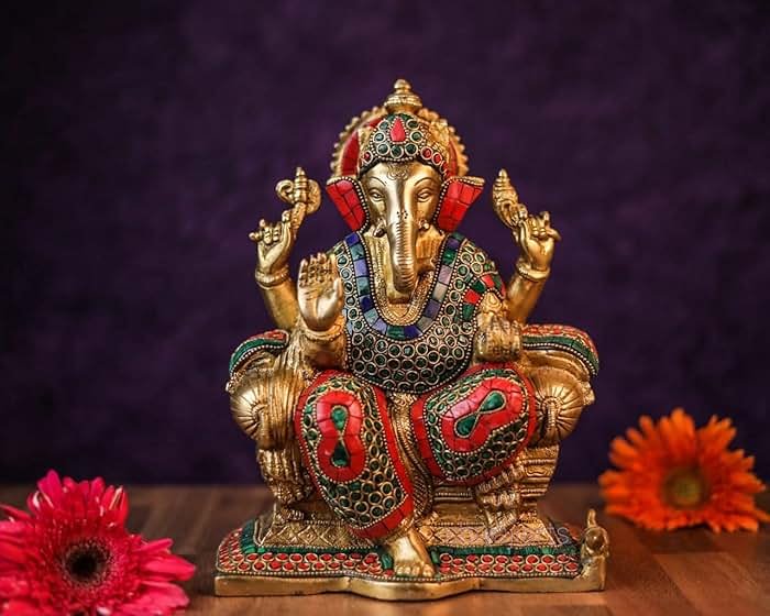 SHIVAJIARTS Brass Ganesh Statue, 25CM Big Size Inlay Work Ganesha Idol, Hindu Deity of God Luck, Vinayak Ganpati, Lord of Wisdom, Brass Sculpture Figurine, Gold, 4.5 X 8 X 10 inches - Product Image