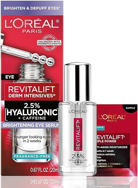 L'Oreal Paris Revitalift Hyaluronic Acid + Caffeine Hydrating Eye Serum for Dark Circles, Fragrance Free .67 fl. oz + Moisturizer Sample - Product Image