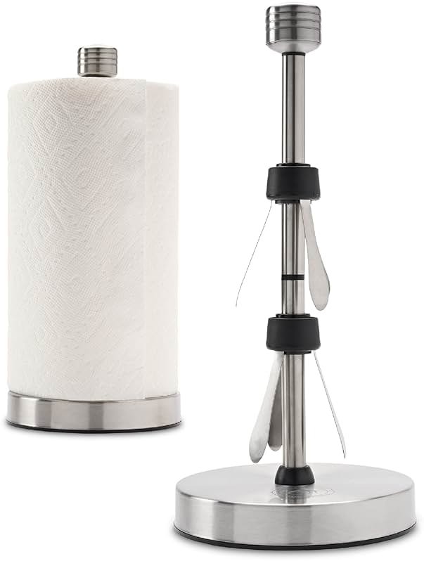 Heavy-Duty Stainless Steel Paper Towel Holder - Easy One-Handed Tear with Suction Cups - Modern Weighted Standing Countertop Dispenser for Kitchen - Holds All Paper Towel Rolls, Silver - Product Image