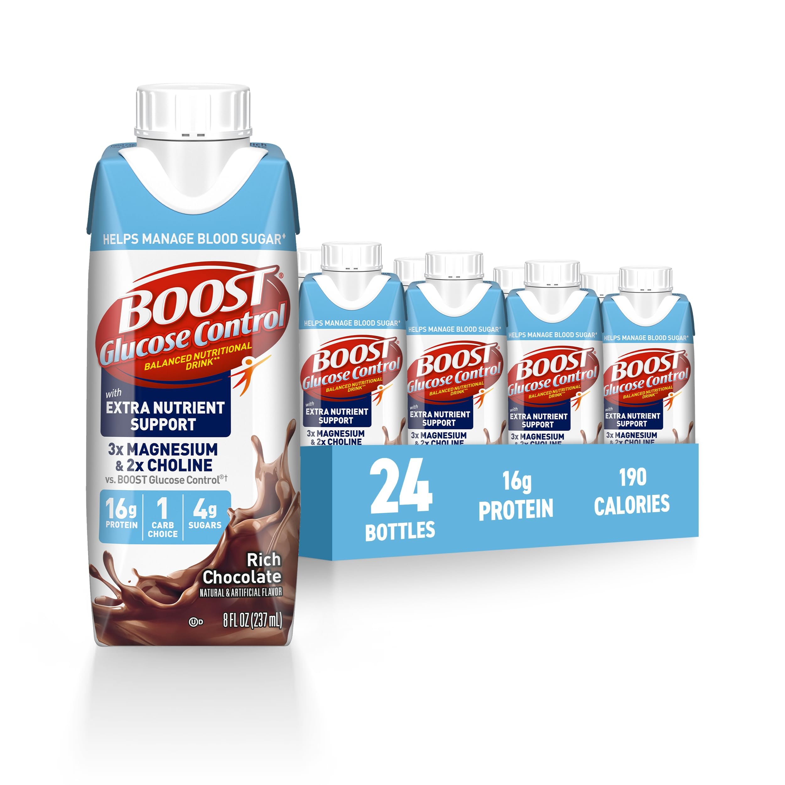 BOOST Glucose Control Ready to Drink Nutritional Drinks with Extra Nutrient Support Drink, Rich Chocolate, 8 Fl Oz, Pack of 24 - Product Image