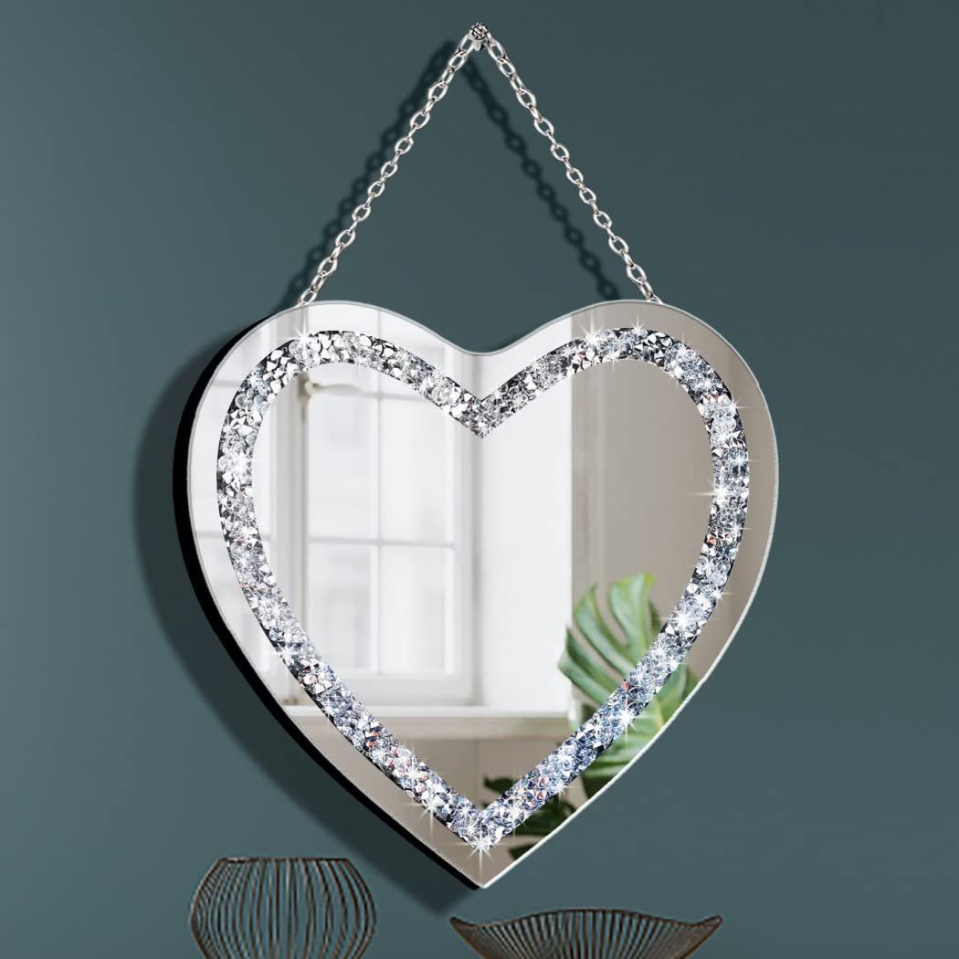 DMDFIRST Crystal Crush Diamond Heart Shaped Silver Mirror with Silver Stainless Steel Chain for Wall Decoration 12x12x0.5 inch Frameless Glam Mirror - Product Image