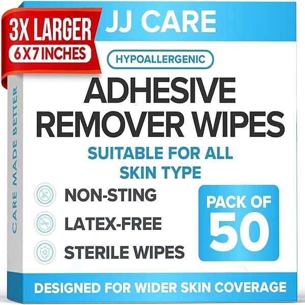 JJ CARE Adhesive Remover Wipes [Pack of 50] - Large Stoma Wipes - Sting Free Adhesive Remover for Skin Ostomy, Stoma, Colostomy Devices and Dressings - Product Image