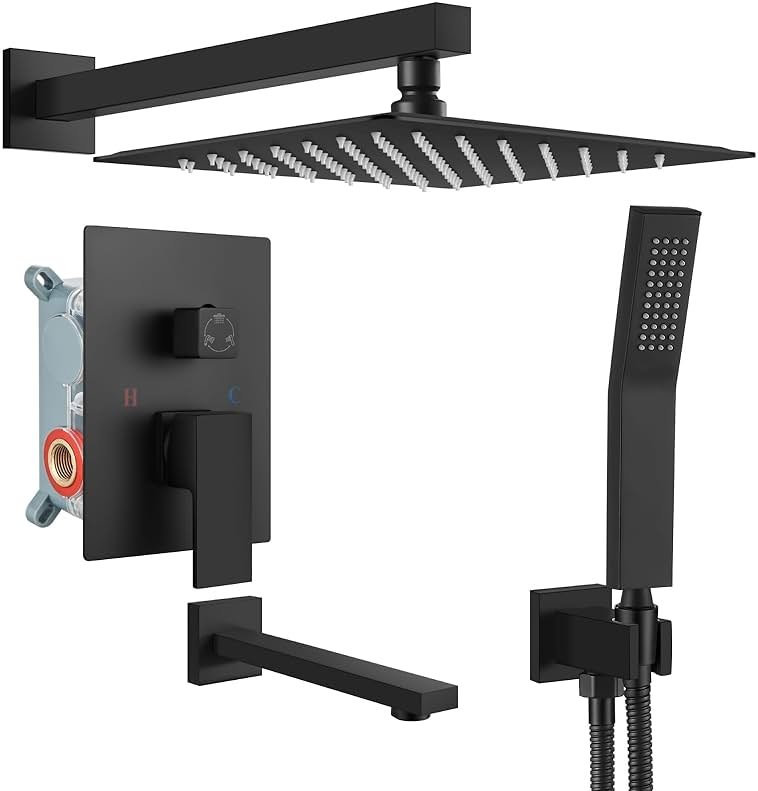 gotonovo Shower System with Tub Spout Wall Mounted Rain Shower Head and Handle Combo Shower Faucet Set with Valve, 10 Inch, Matte Black - Product Image