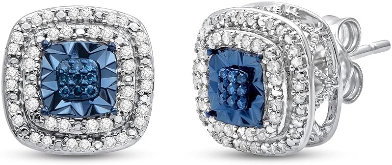Jewelili 925 Sterling Silver Stud Earrings for Women | 1/4 CTW Diamonds | Choice of Heart, Cushion, Pear or Round shape in Black, Blue, or White Diamonds | Push Back Post | Fine Jewelry - Product Image