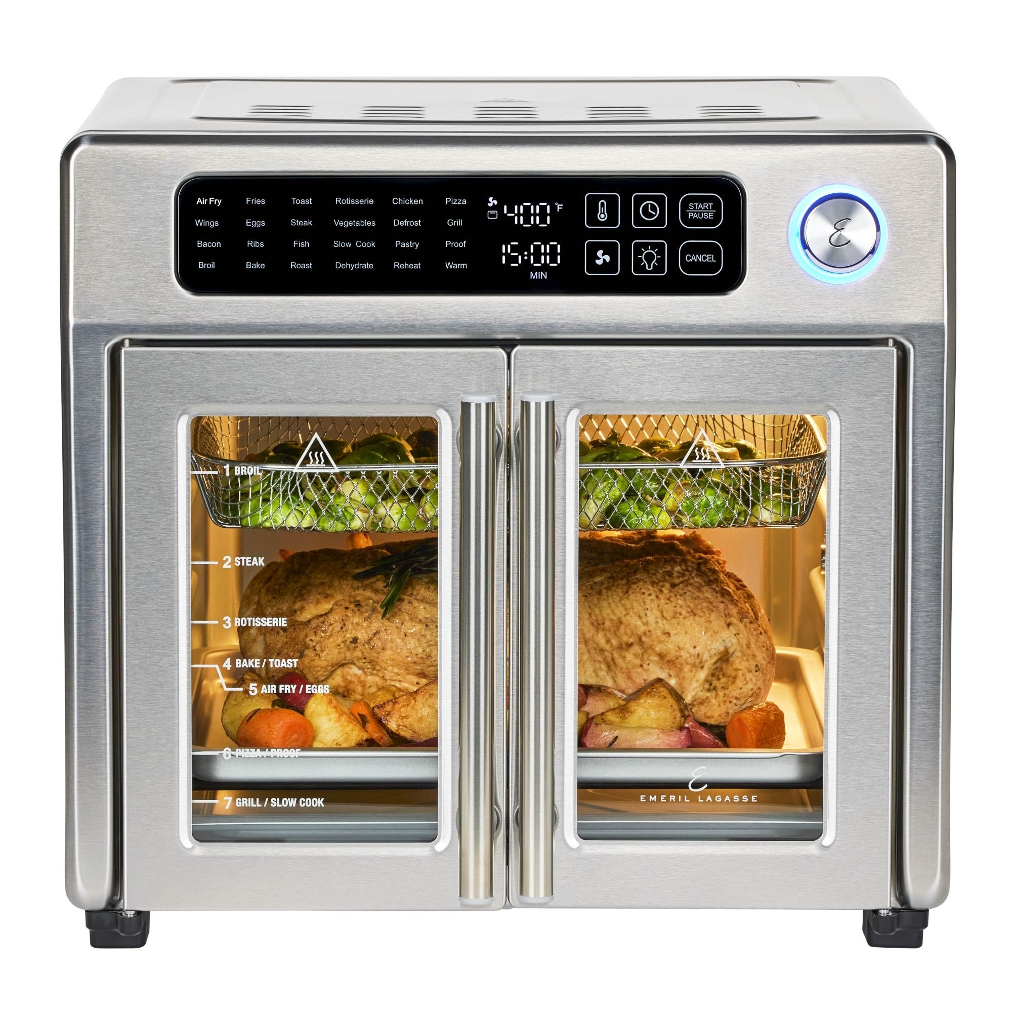 Emeril Lagasse Extra Large French Door Air Fryer Toaster Oven Combo, 24 Cooking Functions and Digital Controls, 7 Accessories Included, Stainless Steel Finish, 26QT Capacity - Product Image