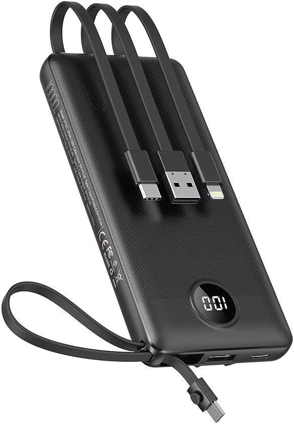 VEEKTOMX 10000mAh Portable Charger with 4 Built-in Cables | Slim Power Bank, USB-C Battery Pack with iPhone & Micro USB, TSA Approved Travel Charger for iPhone, Samsung, Android, Black - Product Image