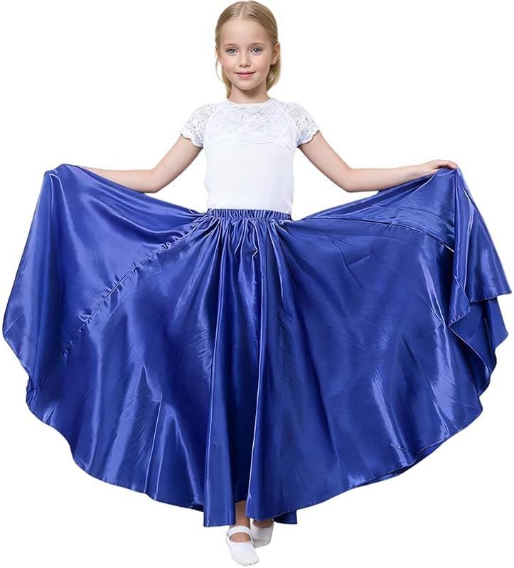 SANCAN Girls Belly Latin Talent Show Dance Skirt | Elastic Waist, Ankle Length for Height 140-155cm (4'6"-5'1"), Full Flowy Circle, For Dancing Practice Training Performance - Product Image