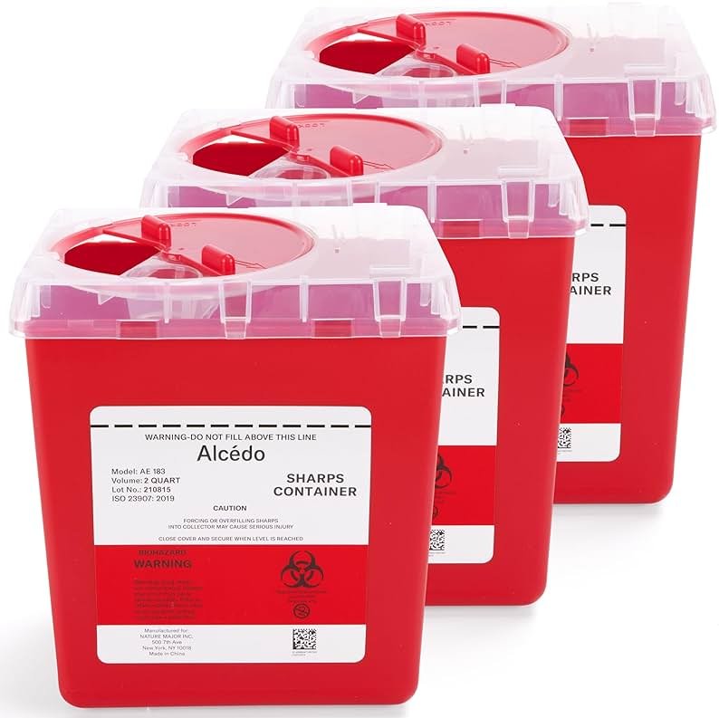 Alcedo Sharps Container for Home and Professional Use 2 Quart (3-Pack), Biohazard Needle and Syringe Disposal, Medical Grade - Product Image
