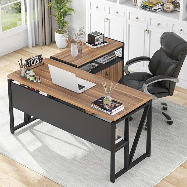 Tribesigns 55-inch L Shaped Desk with Drawer Cabinet, Executive Computer Desk and lateral File Cabinet, 2 Piece Home Office Furniture with Drawers for Hanging File, Doors with Locks (Brown, 55 inches) - Product Image
