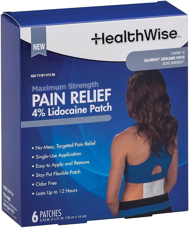 HealthWise Maximum Strength Pain Relief 4% Lidocaine Pain Relief Patch, Blue, (59-9116) - Product Image