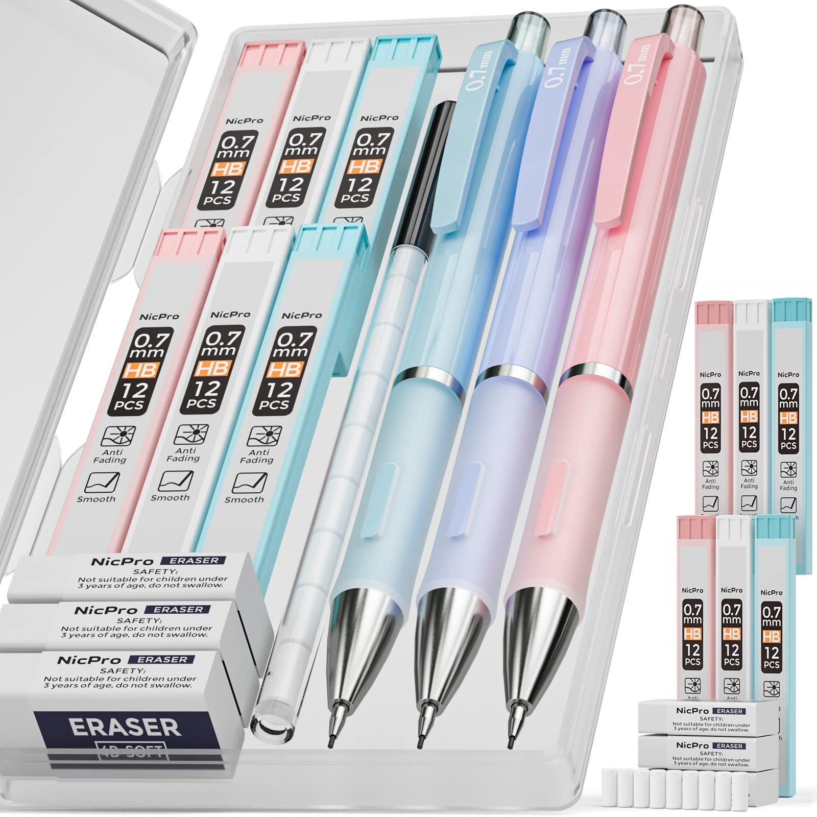 Nicpro 3PCS Cute Mechanical Pencil Set with Case, 0.7 mm Pencils with 6 Tube HB Lead Refill, 3PCS Eraser, 9PCS Eraser Refill for School Supplies Student Writing, Drafting Drawing Sketching - Product Image