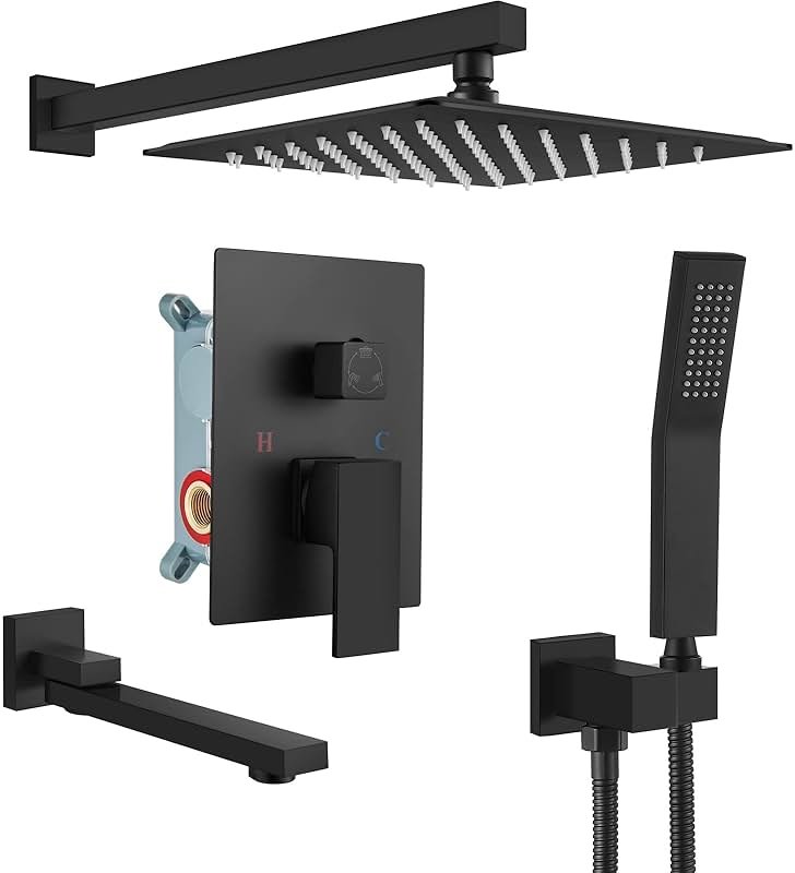 gotonovo Rainfall Tub Shower Faucet Set Bathroom Shower System with Tub Spout Wall Mount Square High Pressure Shower Fixtures with Handheld Sprayer Rough-In Valve 12'' Shower Head,Matte Black - Product Image