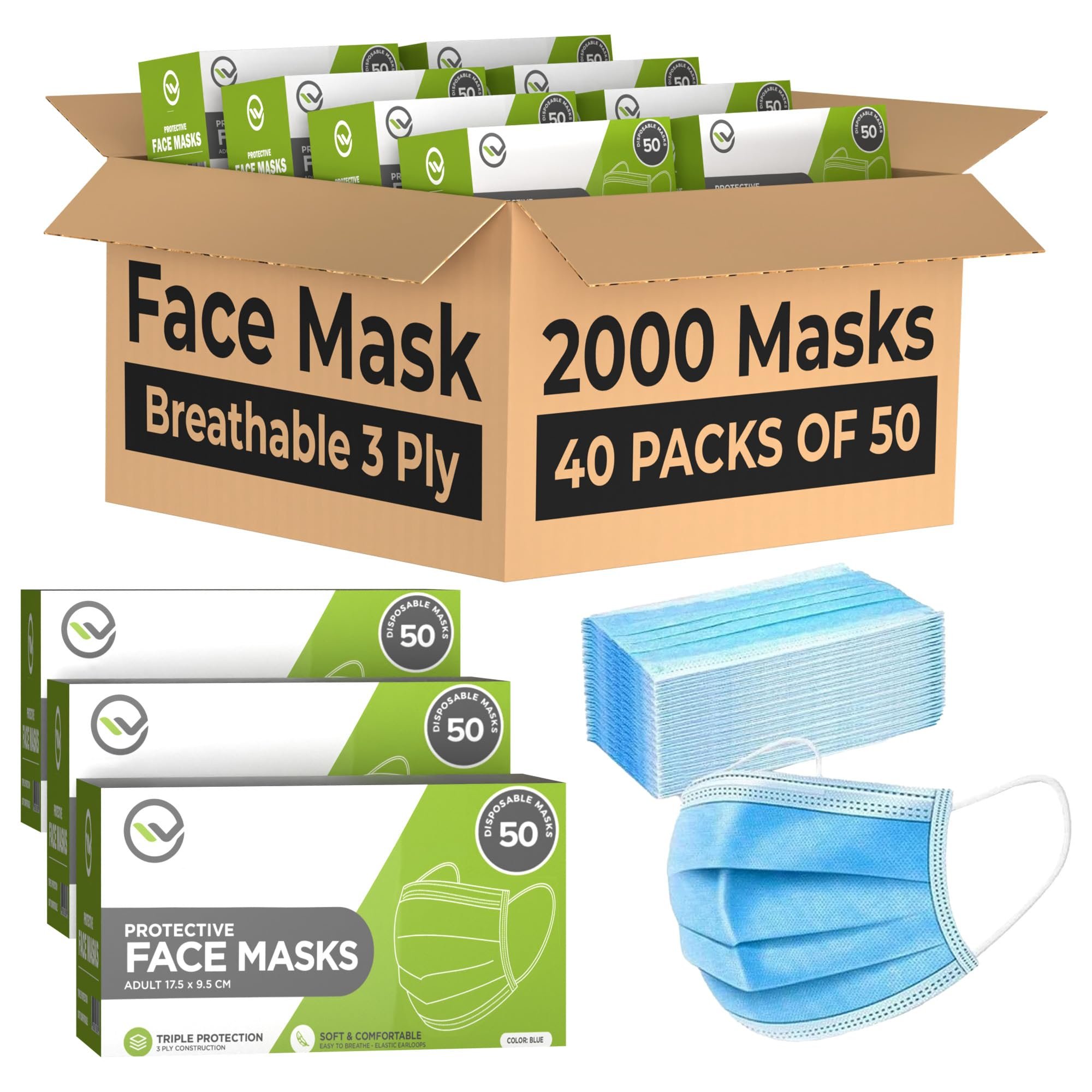 VEEBOOST 2000 Bulk Face Masks (40 Boxes, 50pcs/Box), Non Woven Thick 3-Layers Breathable Facial Masks with Adjustable Earloop, Mouth and Nose (Blue) - Product Image