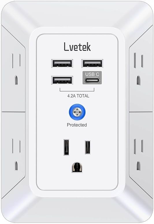 5 Outlet Extender Multi Plug Wall Outlets with 4 USB Charging Ports (1 USB C Outlet), 3 Sided 1680J Surge Protector Power Strip USB Wall Charger for Home, Office, Travel, ETL Listed, White - Product Image