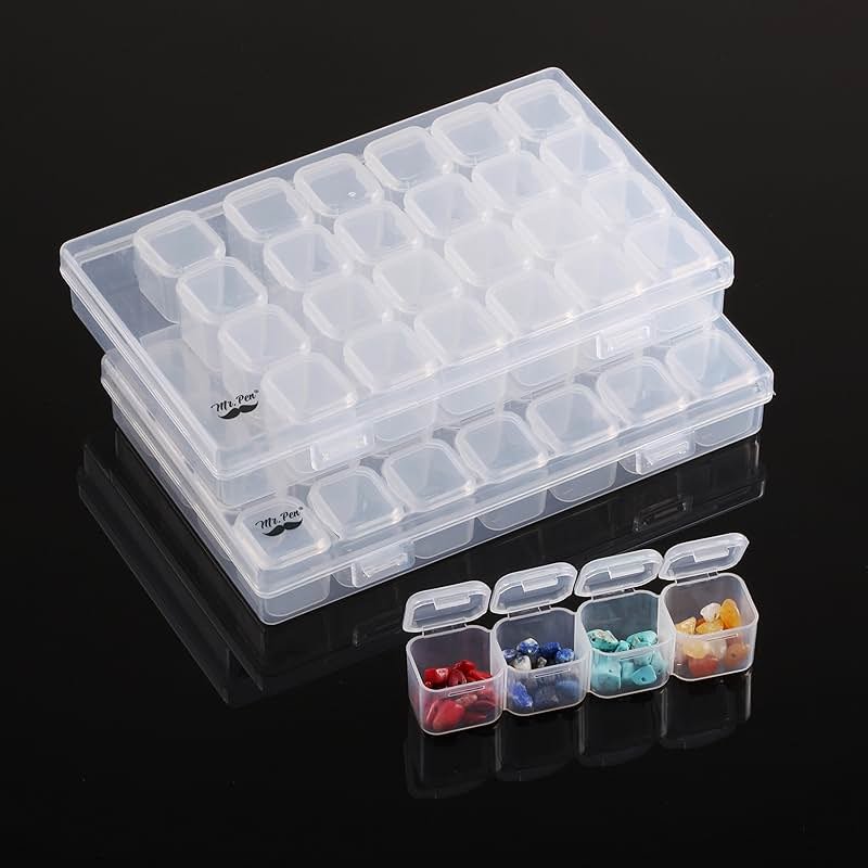 Mr. Pen- Bead Storage Containers, 28 Grids, 2 Pack, Clear White, 160pcs Label Stickers, Transparent, Small Bead Organizer Box, Diamond Art, Diamond Painting Organizer - Product Image
