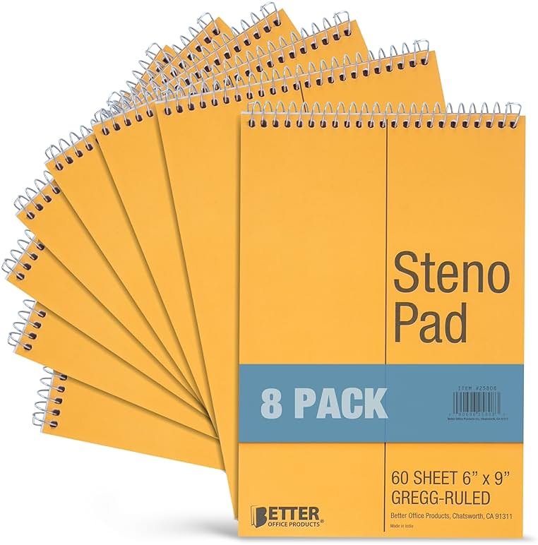 Better Office Products Spiral Steno Pads, 8 Pack, 6 x 9 inches, 60 Sheets, White Paper, Gregg Rule, Natural Board Cover, 8 Steno Notebooks - Product Image