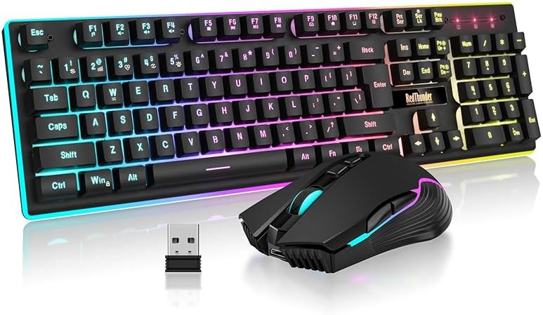 RedThunder K10 Wireless Gaming Keyboard and Mouse Combo, LED Backlit Rechargeable 3800mAh Battery, Mechanical Feel Anti-ghosting Keyboard + 7D 3200DPI Mice for PC Gamer (Black) - Product Image