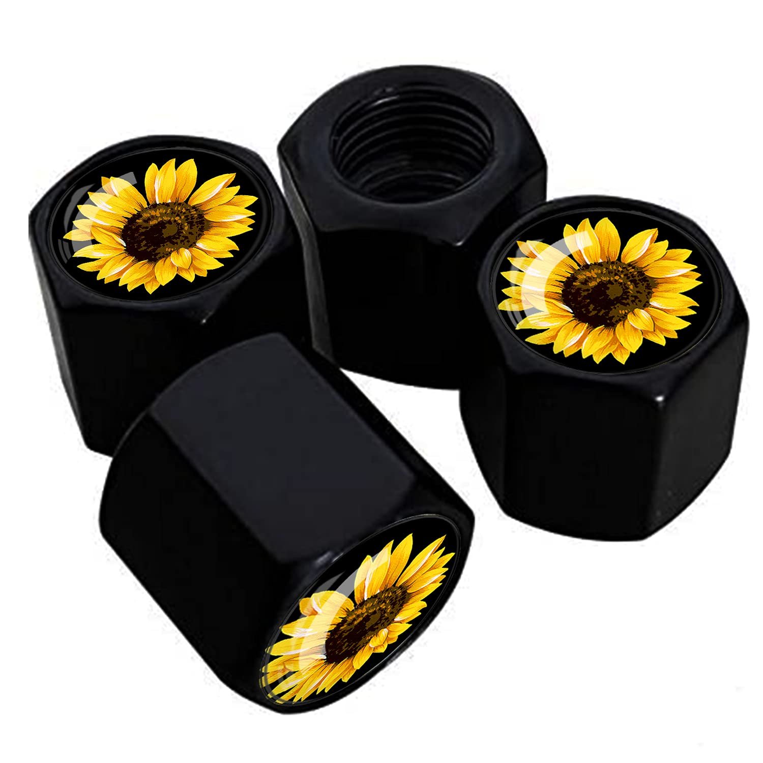 XIAGEANA Metal Car Wheel Tire Valve Stem Caps 4 Pack Cool Sunflower Pattern Aluminum Car Tire Air Valve Caps For Cars, Trucks, Bikes, Motorcycles, Bicycles, Corrosion Resistant - Product Image