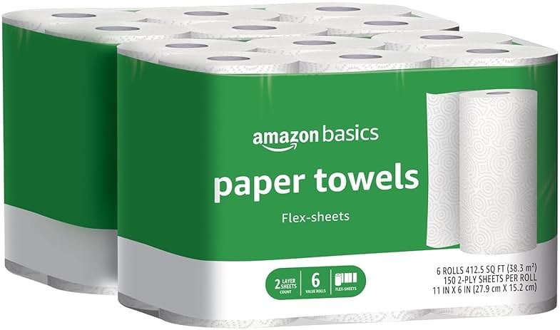 Amazon Basics 2-Ply Flex-Sheets Paper Towels, 12 Basics Rolls = 32 Regular Rolls, Everyday Value with 150 Sheets per Roll - Product Image