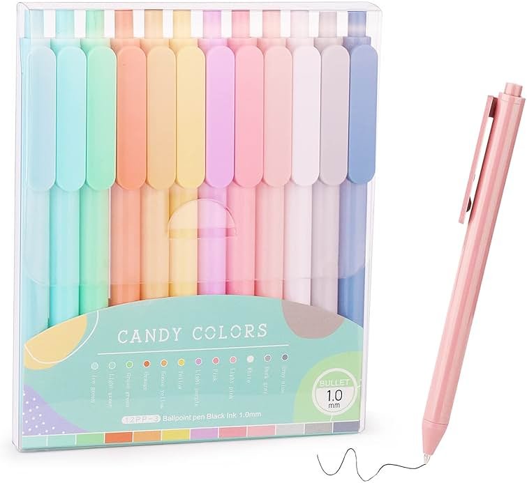 WY WENYUAN 12-Pcs Ballpoint Pens, Comfortable Writing, Pastel Retractable Pretty Journaling, Black Ink Medium Point 1.0 mm Gift, Cute Office Supplies for Women - Product Image