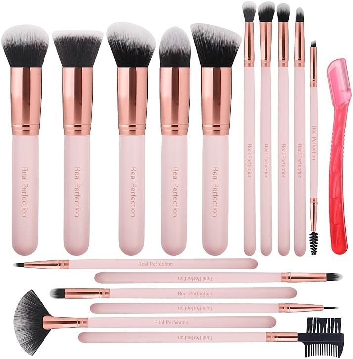 Real Perfection Makeup Brush Set 16 Pcs with 1 Eyebrow Razor Premium Synthetic Foundation Powder Concealers Eyeshadow Blush Makeup Brushes Make up Brushes Kit (Pink) - Product Image