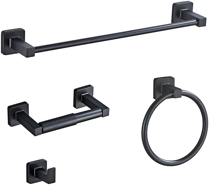 Matte Black Bathroom Hardware Set 4 Pieces,Towel Bar Set Stainless Steel Wall Mounted, Includes 16In Hand Towel Bar, Towel Ring, Robe Towel Hooks,Toilet Paper Holder, Bathroom Towel Rack Set - Product Image