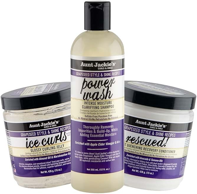 Aunt Jackie's Grapeseed Collection Perfect Intense Define, Power Wash, Rescued and Ice Curls, Combo Hydrates & Softens With Almond oil, Marshmallow Root, Purple, Pack of 3 - Product Image