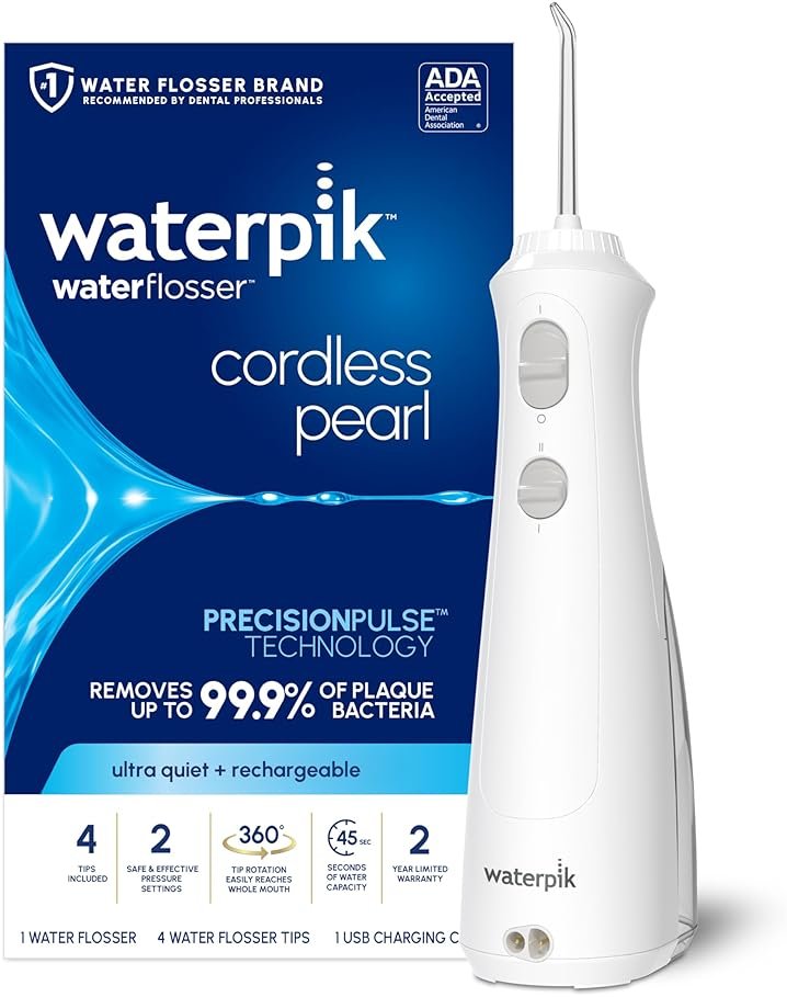 Waterpik Cordless Pearl Rechargeable Portable Water Flosser for Teeth, Gums, Braces Care and Travel, Extra Quiet, 4 Flossing Tips - ADA Accepted, WF-13 White, Amazon Exclusive - Product Image