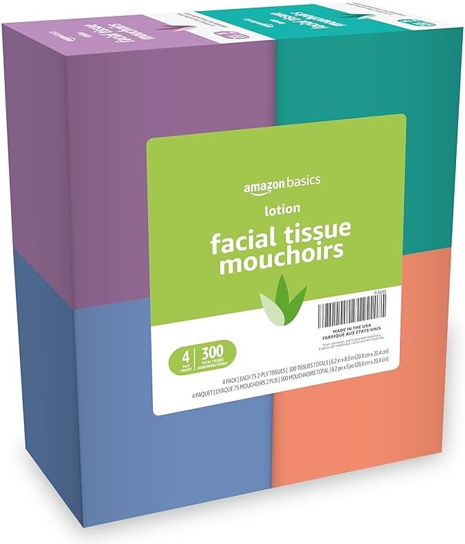 Amazon Basics Facial Tissues with Lotion, 2-Ply, 300 Count (4 Boxes, 75 Tissues per Box), Packaging May Vary - Product Image