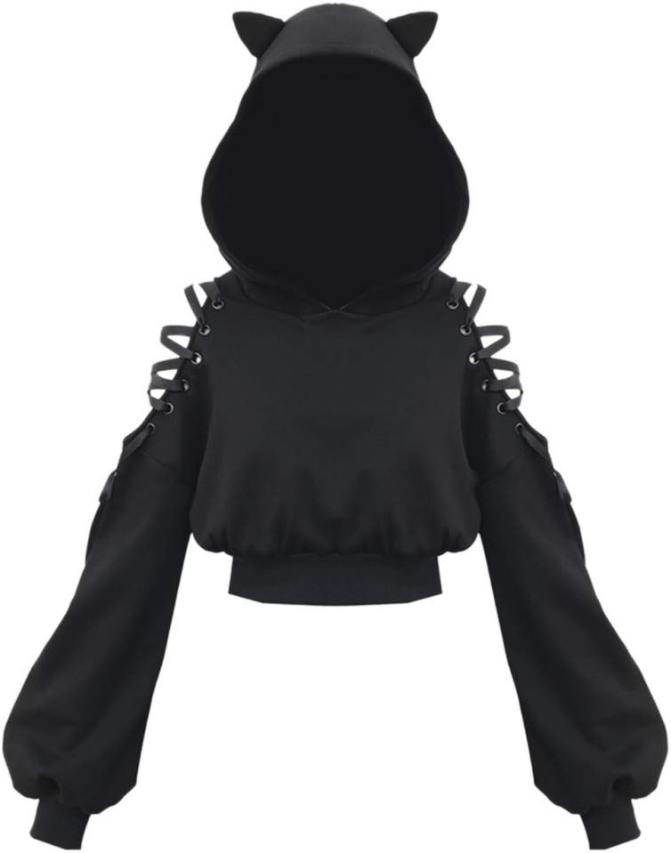 YANOOLH Women Cat Ear Hoodies Long Sleeve Off Shoulder Cute Crop Top Pullover Hoodie Sweatshirt - Product Image