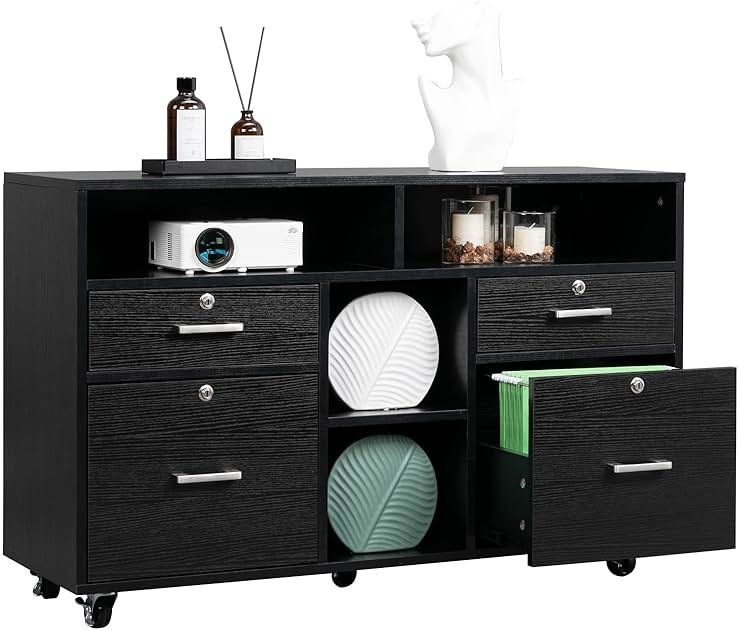 VINGLI Wood Mobile File Cabinet with 4 Drawers and Shelves, Printer Stand with Open Storage, Locking Lateral Filing Cabinet for Home Office, Black - Product Image