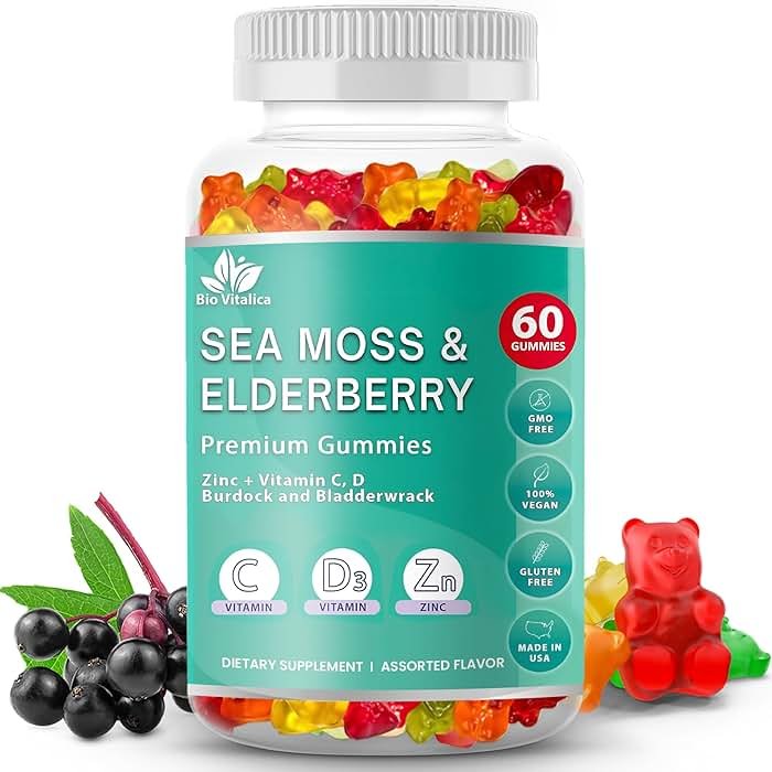 BIO VITALICA Irish Sea Moss Gummies with Elderberry – USA Made Vegan Gummies with Vitamin C, D & Zinc – Immune Support Supplement with Bladderwrack & Burdock Root for Adults & Kids – 60 Count - Product Image