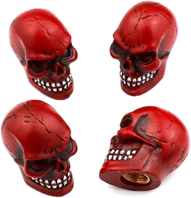 Bashineng Cars Tires Valve Stem Caps Cover Dustproof Cool Skull Head Universal Fit Most of Cars SUV Bike Trucks Motorcycles 4 Pcs/Set (red) - Product Image