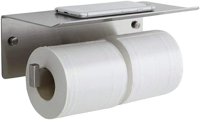 Double Toilet Paper Holder with Shelf,Idealmax Toilet Paper Holder Brushed Nickel,Large Commercial Toilet Paper Dispenser Phone Shelf, Wall Mounted Tissue Roll for Bathroom, Stainless Steel - Product Image