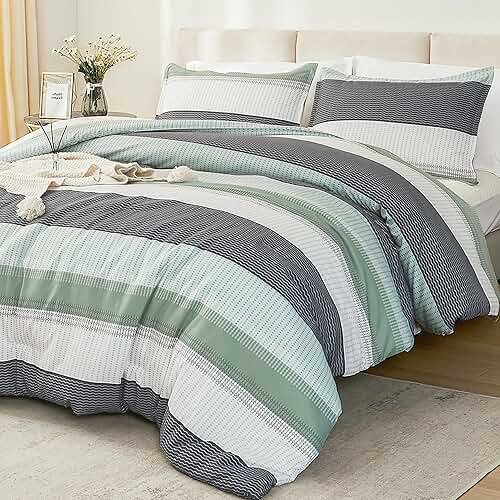 Litanika Queen Comforter Set Sage Green - 3 Pieces Lightweight Quilt Bedding Comforter Sets, Light Green White Colorblock Stripe Fluffy Bed Set, All Season Down Alternative - Product Image