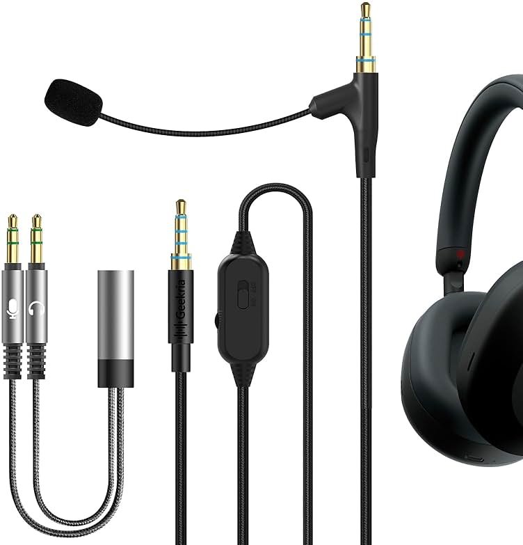 GEEKRIA Boom Mic Headphones Cable Compatible with Sony WH-1000XM6/1000XM5/1000XM4, WH-XB920N, ULT WEAR, 3.5mm Jack Replacement Cord with Boom Microphone for Gaming & Meeting (5.6ft) - Product Image