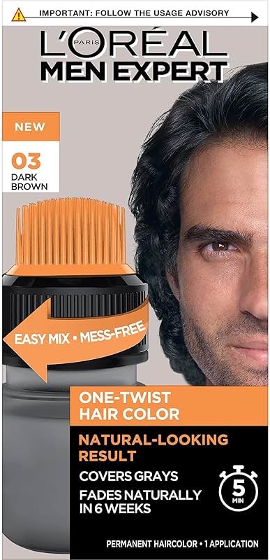 L’Oreal Paris Men Expert One Twist Mess Free Permanent Hair Color, Mens Hair Dye to Cover Grays, Easy Mix Ammonia Free Application, Dark Brown 03, 1 Application Kit - Product Image