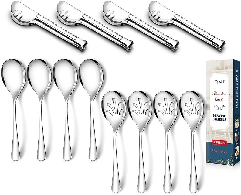Stainless Steel Metal Serving Utensils - Large Serving sets-10" Spoons, 10" Slotted Spoons and 9" Tongs by Teivio (Silver, Set of 12) - Product Image