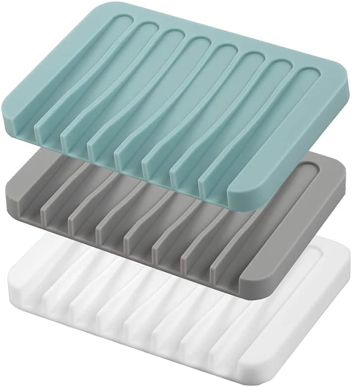 Self Draining Soap Dishes, 3 Pcs Silicone Soap Saver, Waterfall Drainer Soap Holder for Bathroom, Extend Soap Life, Keep Soap Bars Dry Clean & Easy Cleaning (White, Gray, Teal) - Product Image