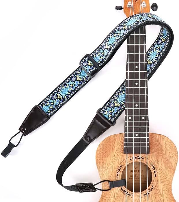 Eyeshot Ukulele Strap No Drill, Adjustable Double J Hook Clip on Uke Shoulder Strap, Hawaiian Jacquard Blue Flower Hands Free Ukelele Strap, Easy to Use and Fit Most Standard Uke Sizes - Product Image