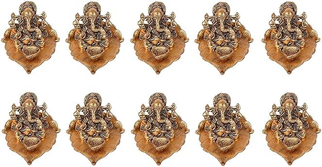 NOBILITY Ganesha on Leaf Statue Gold Ganesh Idol with Diya for Home Office Pooja Puja Diwali Decorative Wedding Return Gift Items 10 Pcs - Product Image